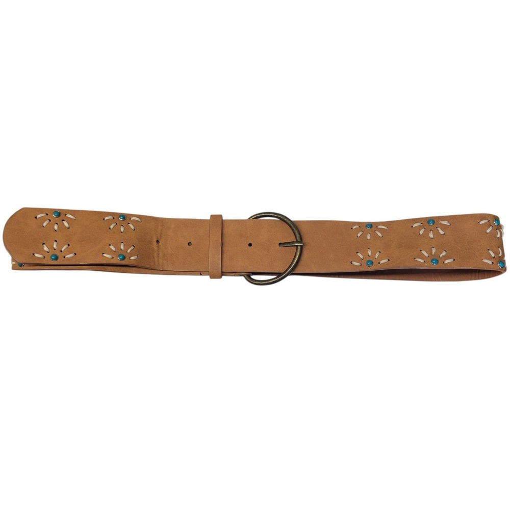 Womens Tan Faux Leather Boho Turquoise Flower beaded Retro Wide Band Belt HG6678